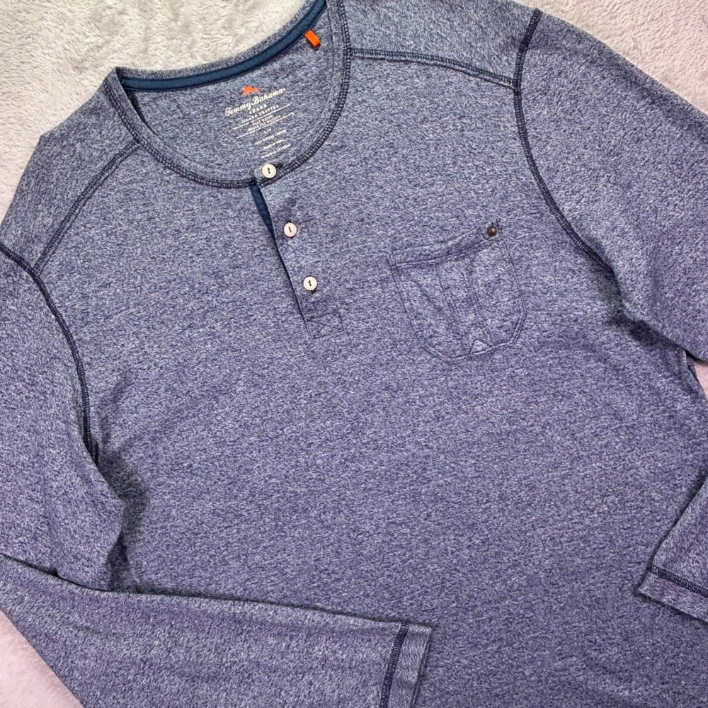 Tommy Bahama Jeans Mens Henley Sz Large Blue Long Sleeve Cotton Pocket Shirt